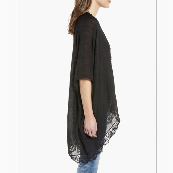 Nordstrom Treasure & Bond Lace Trim Ruana Open Front Wrap Kimono Coverup Black - Picture 7 of 9